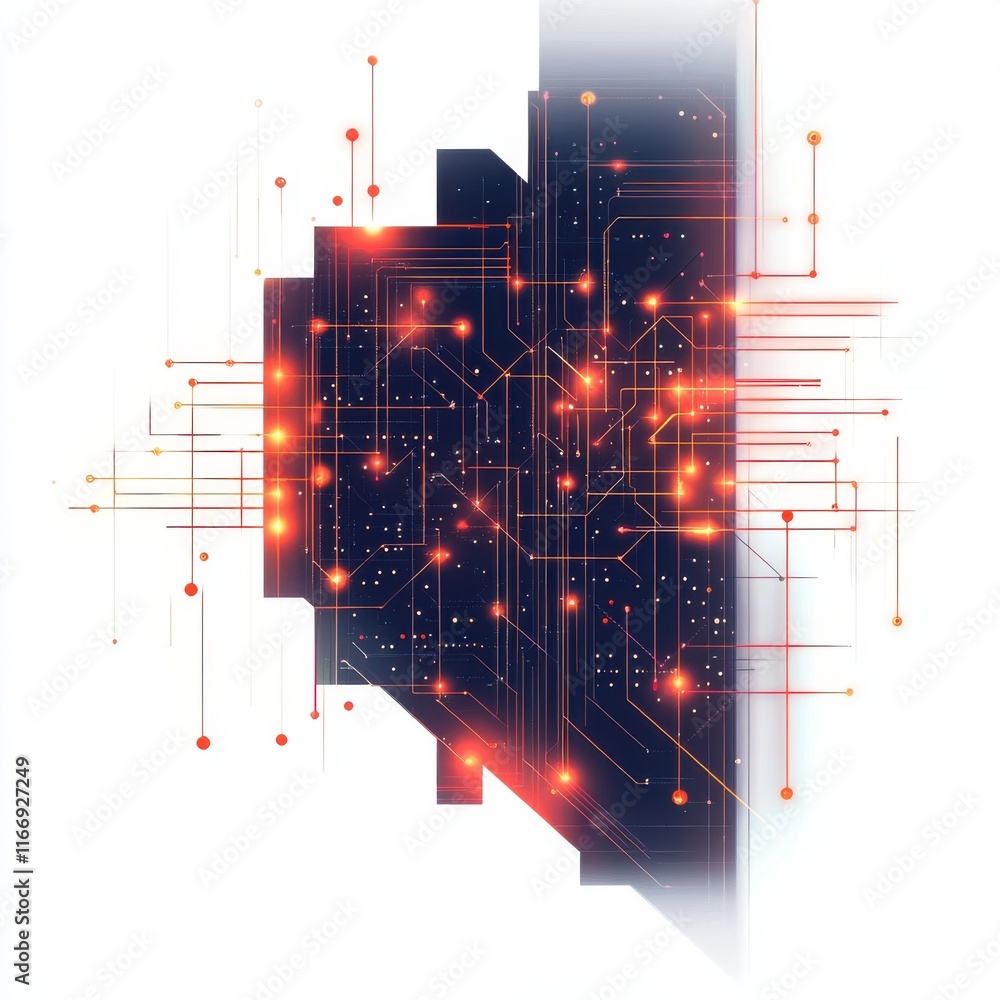 Poster abstract digital circuit design with vibrant reds and oranges, symbolizing technology and innovation