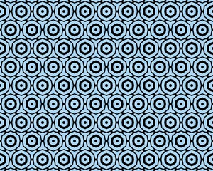 Seamless geometric pattern background with black and light blue hexagons.