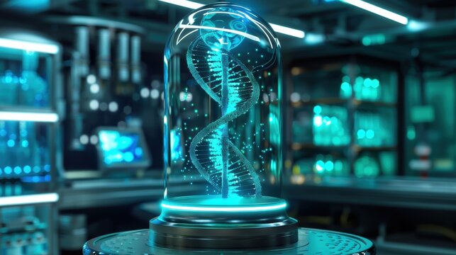 A close-up of 3D double helix DNA with glowing molecular structures and data.