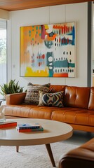 A mid-century modern living room with a leather sofa, a round coffee table, and colorful abstract art on the walls