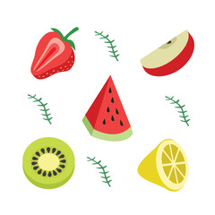 Slice of fruit. Strawberry. Watermelon. Apple. Kiwi. Lemon. Fresh fruit. Healthy fruit. Diet  food. 