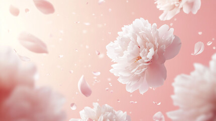 a flying big white falling flower art, wedding romantic bloom peony nature celebration background,