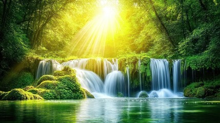 Naklejka premium Sunlit waterfall cascading into a serene pool, surrounded by lush green foliage.