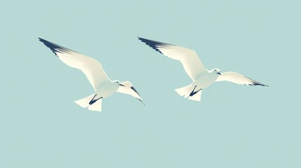 Fototapeta premium Two graceful seagulls in flight against a pale blue sky. Serenity and freedom.