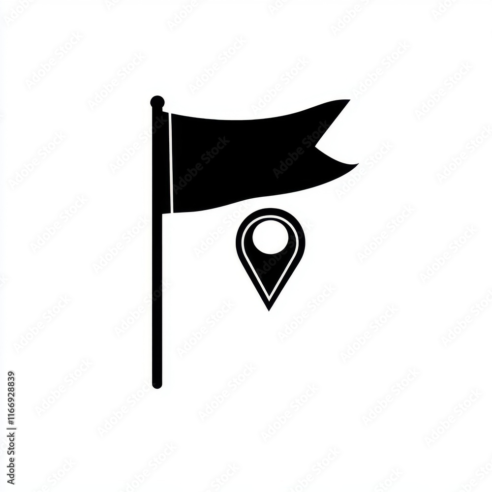 Poster a minimalist black flag icon with a location pin, symbolizing navigation and achievement.