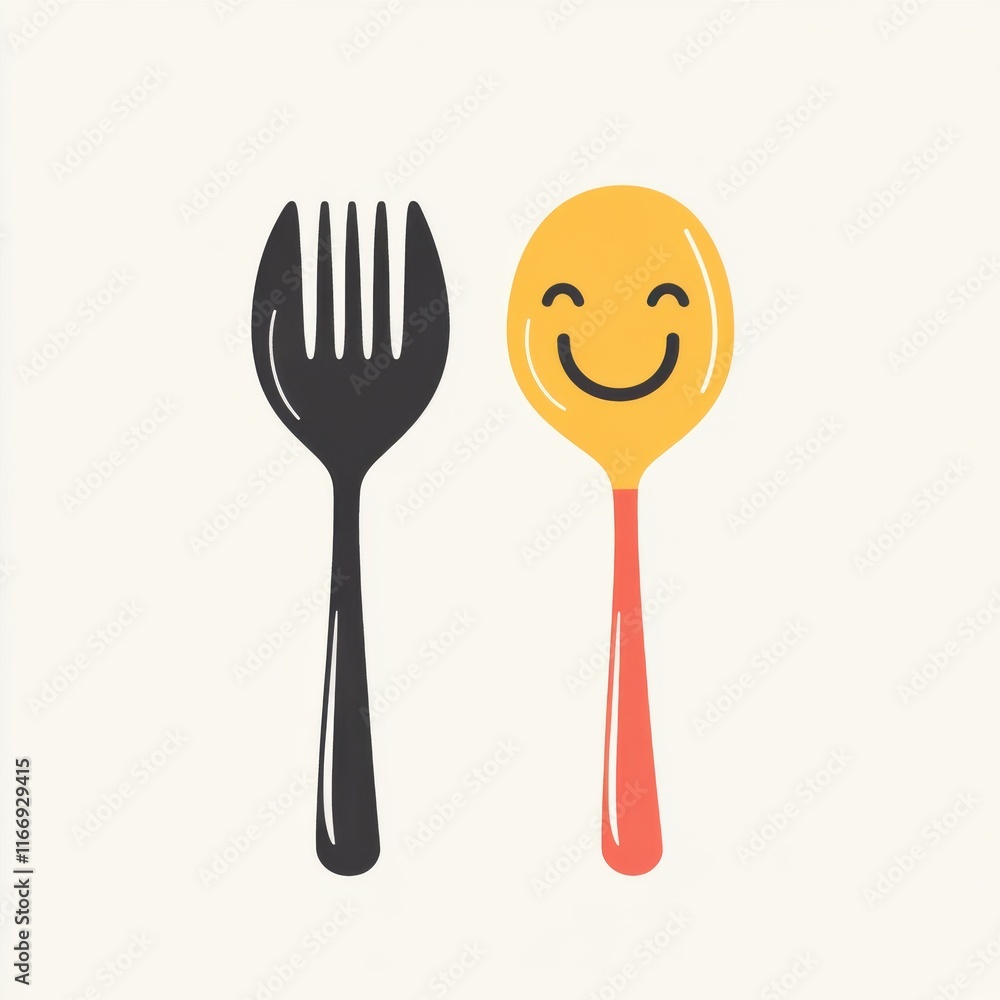 Poster a playful illustration of a fork and a smiling spoon, featuring vibrant colors and cheerful expressi