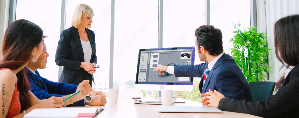Poster electric car design software on computer screen showing simulation blueprint snugly by digital calcu