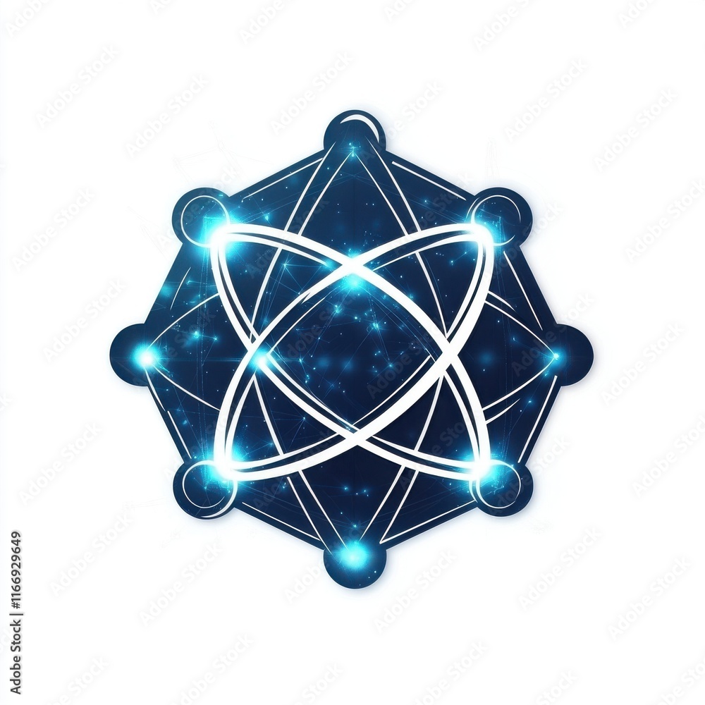Poster abstract geometric design featuring a luminous atom-like structure against a dark backdrop.