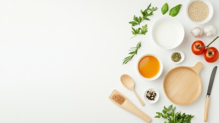 A white background with a variety of food items including a spoon, a knife