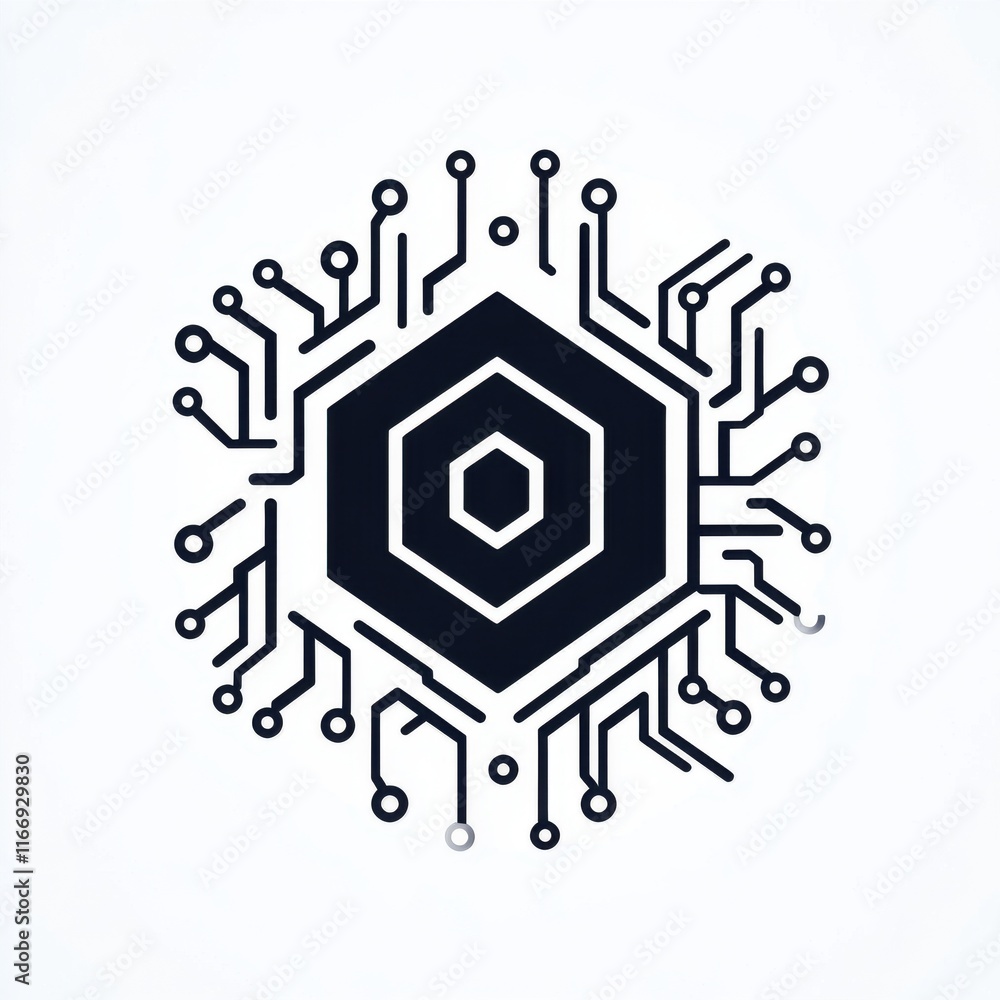 Aufkleber stylized hexagonal microchip illustration showcasing intricate circuit board design.