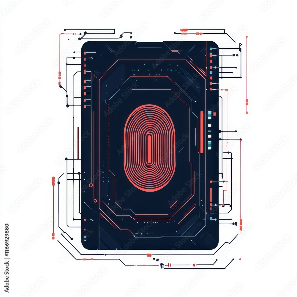 Poster futuristic technology interface showcasing a fingerprint scan in vibrant red and black tones.