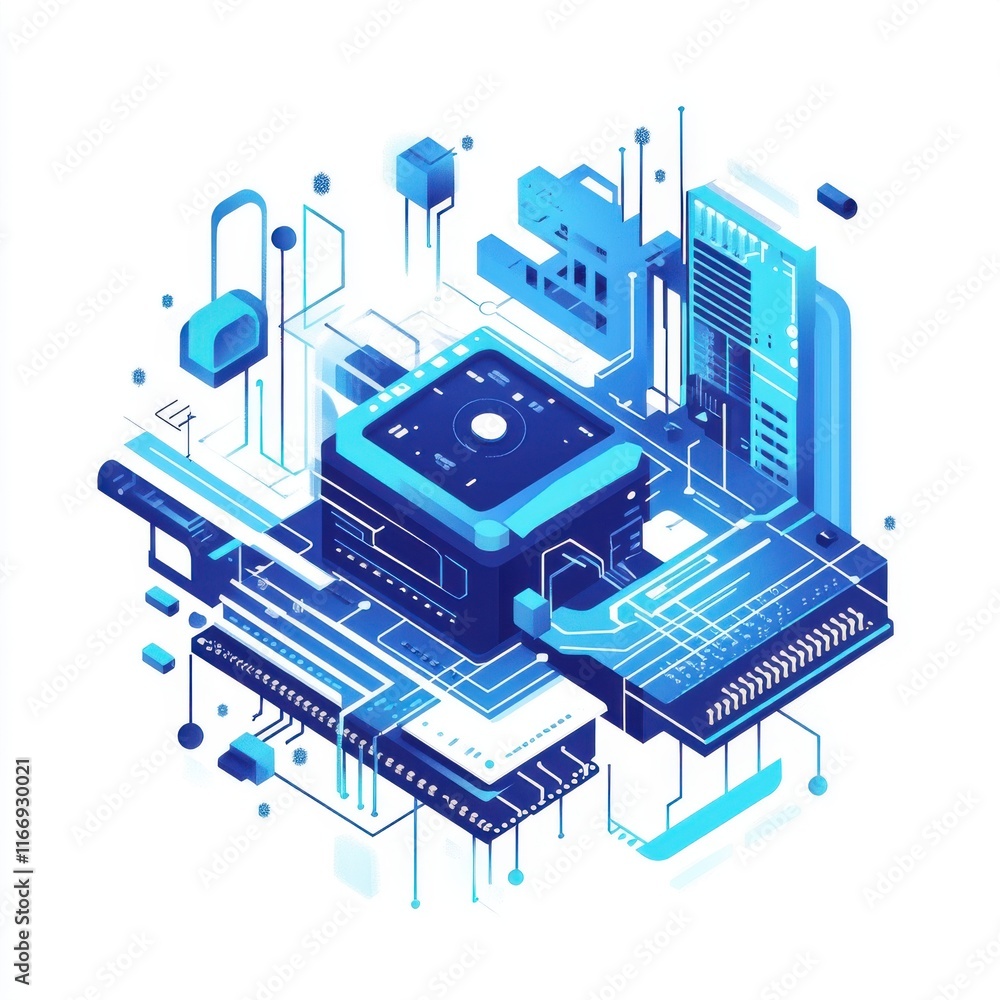 Poster futuristic blue digital circuit with abstract technology elements and data processing components.