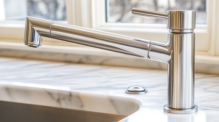 Modern chrome kitchen faucet on marble countertop near window.
