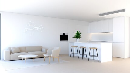 Modern minimalist kitchen and living area with neutral tones.