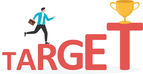 Businessman is climbing by the stairs that made of letters of the word TARGET, toward the corresponding sign.

