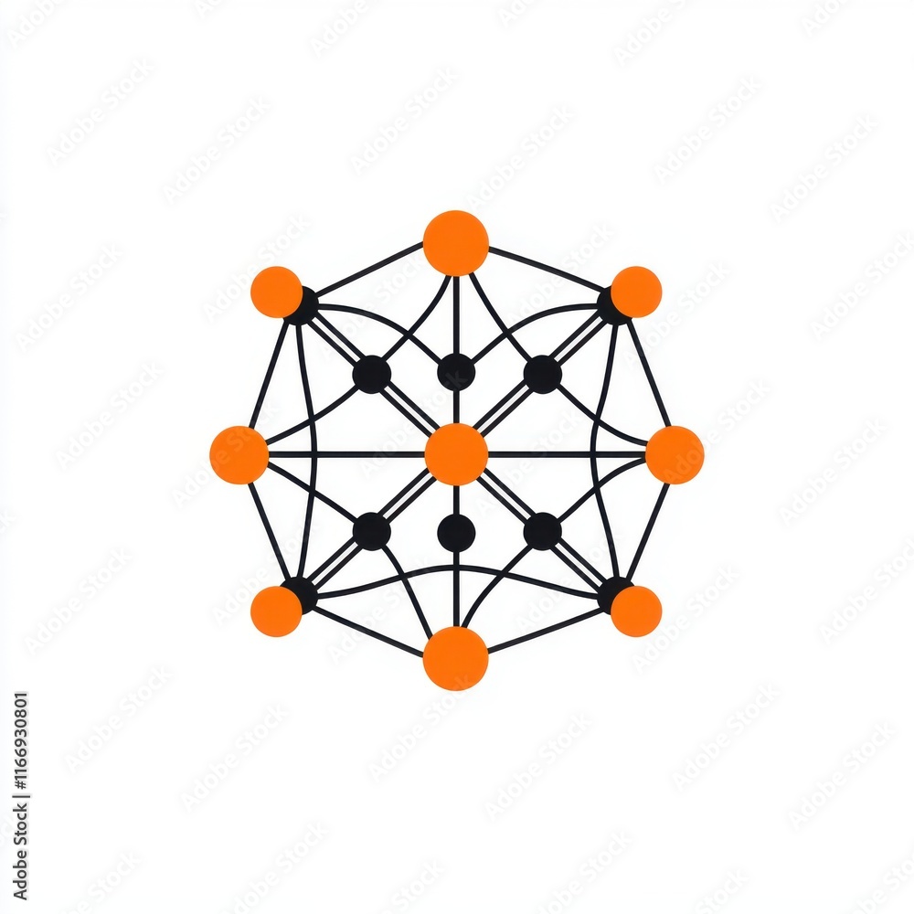 Poster abstract network design with orange and black nodes, representing connectivity and technology.