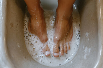 Fototapeta premium Soothing feet soaking in warm, bubbly water, creating calming atmosphere. Perfect for relaxation and self care moments