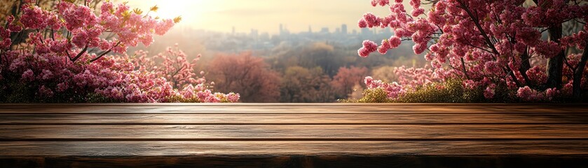 A wooden table set against a soft focus of blooming cherry trees, inviting a peaceful springtime scene