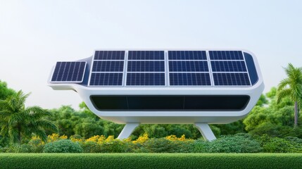 Futuristic solar-powered structure amidst lush greenery.