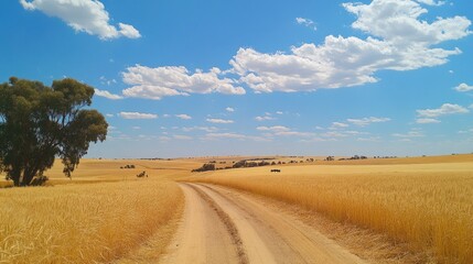 Fototapeta premium Scenic rural landscape with golden wheat field and blue sky