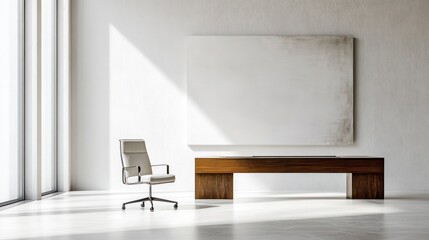 Modern office interior with sunlight, chair, desk, and large blank canvas.