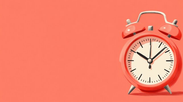 Red alarm clock on coral background; time concept.