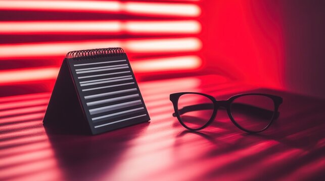 Red-lit desk with eyeglasses and small black calendar. - Powered by Adobe