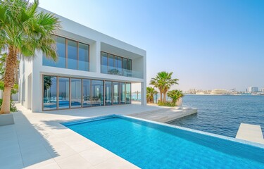 Fototapeta premium A wide-angle photo of the exterior of an elegant, modern villa