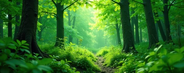 Fuzzy forest scene with overgrown vegetation and a muted green atmosphere, trees, foliage, forest