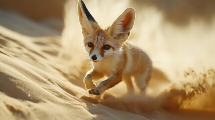Obraz premium Fennec fox in motion on sandy desert dunes, early morning light, low angle