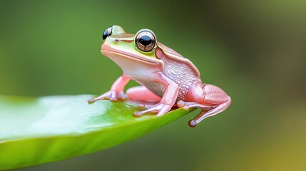 Naklejka premium A vibrant frog perched on a green leaf in a natural setting.