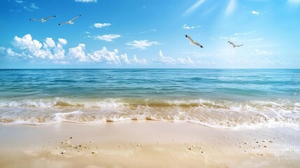 Vibrant coastal wildlife amidst rolling sand dunes, seagulls in flight, soft blue ocean waves in the background, dynamic and lively