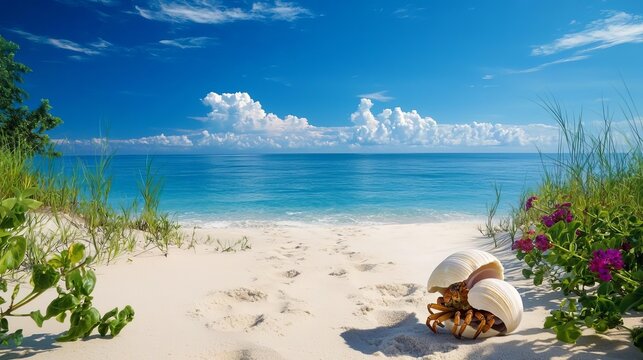 Tiny wildlife trails crossing sand dunes, a hermit crab carrying its shell, framed by vibrant sea vegetation, lively coastal scene