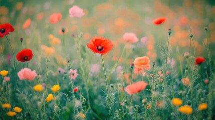 Vibrant red poppies and wildflowers in a lush green field, bathed in soft sunlight.