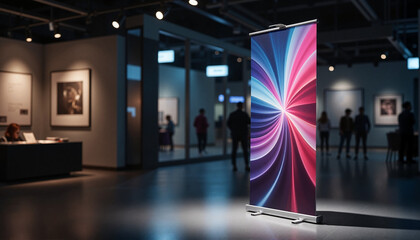 Modern art pull-up banner illuminated in exhibition hall, creativity