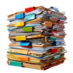 A tall stack of organized documents with colorful clips for easy access.