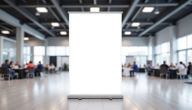 Blank pull-up banner in convention center during daytime, marketing tool