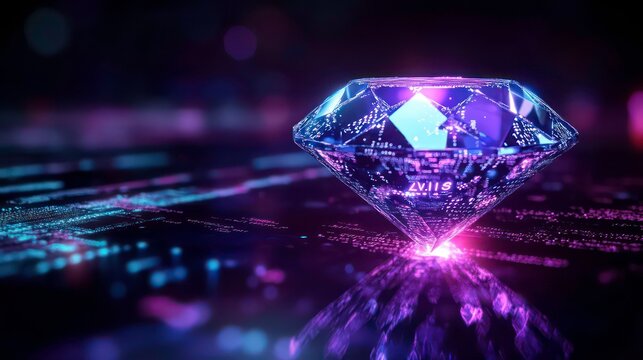 A glowing violet and blue diamond symbolizes digital wealth, crypto, and NFT ownership, Subtle binary code overlays enhance the futuristic theme, representing blockchain technology