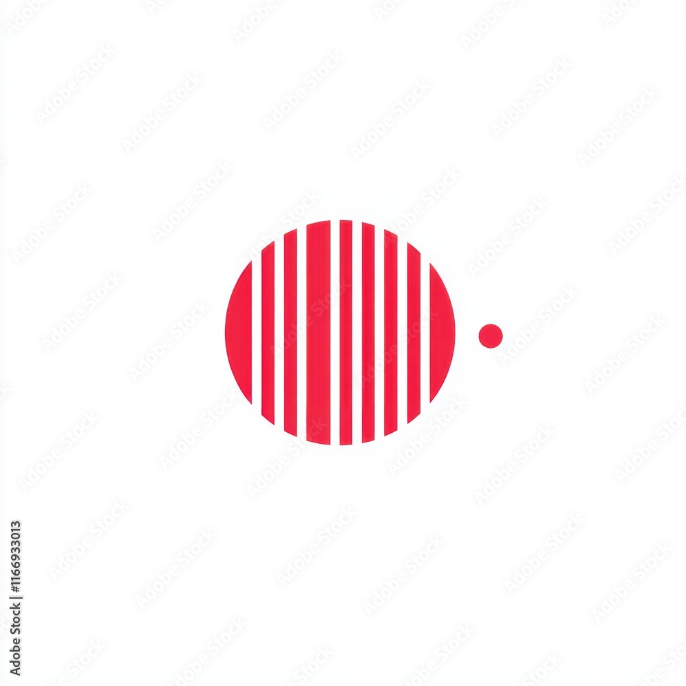 Poster minimalistic red circle with vertical stripes and smaller dot on a white background.