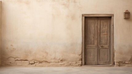 Wooden door with peeling paint and weathered texture, space on the left, ambient light, light beige background,generative ai illustration
