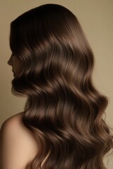 Fototapeta premium Wavy brunette hair, shot from behind, soft studio lighting, neutral beige background, elegant shine