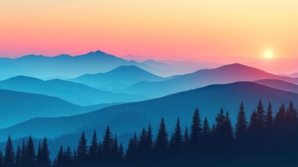 Vibrant sunset over layered blue mountains with silhouetted pine trees in the foreground.