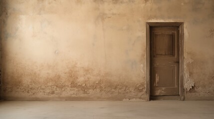 Wooden door with peeling paint and weathered texture, space on the left, ambient light, light beige background,generative ai illustration