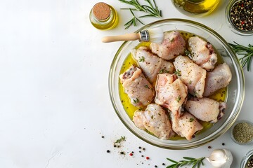 Fresh Chicken Thighs Marinating in Olive Oil with Spices and Herbs on a White Background, Ready for Grilling or Roasting in Culinary Preparation
