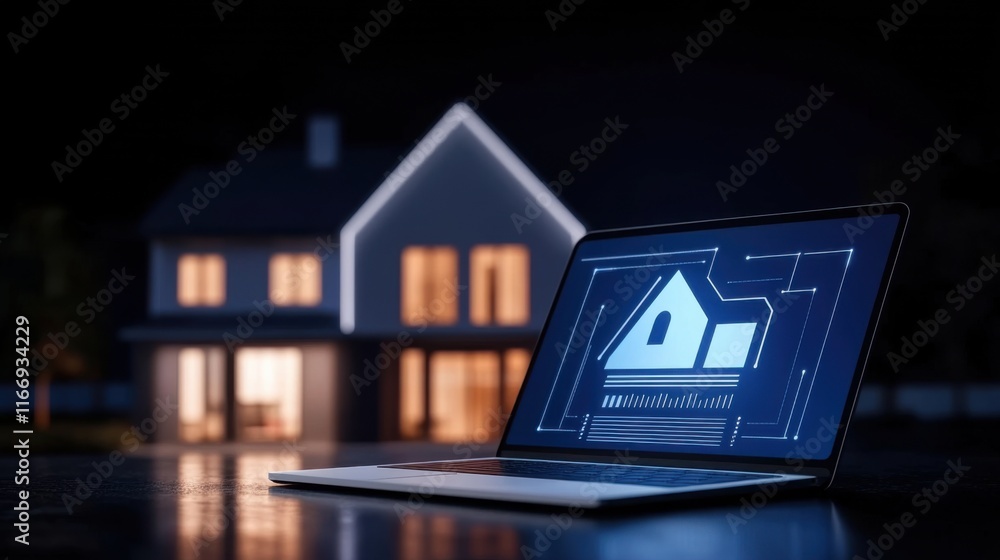 Poster digital blueprint of a modern home displayed on a laptop with illuminated house in background at nig