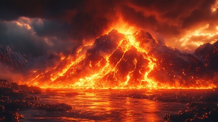 Naklejka premium Fiery Volcanic Eruption Illuminates Coastal Landscape