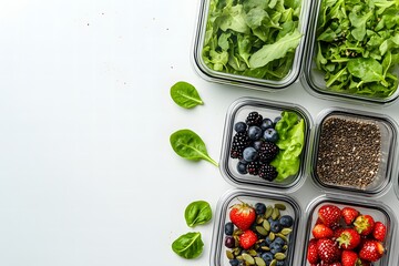 Obraz premium Fresh Green Leafy Vegetables and Berries in Glass Containers for Healthy Meal Prep and Nutrition Planning on a Light Background