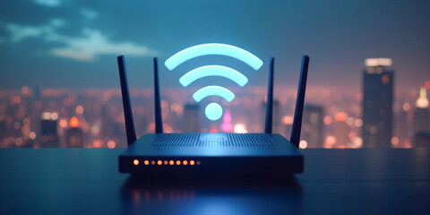 Wi-Fi router on the background of the night city