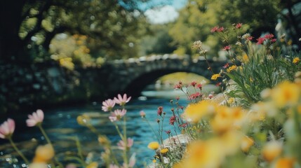 Colorful wildflowers bloom beside a quaint stone bridge over a calm river.