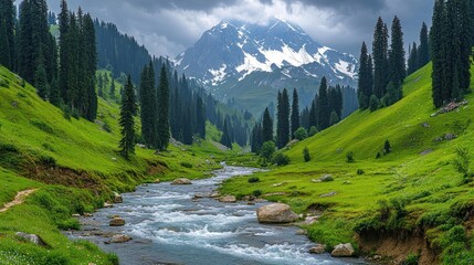 Majestic snow-capped mountain, lush green valley, river, and tall pine trees under a dramatic sky.
